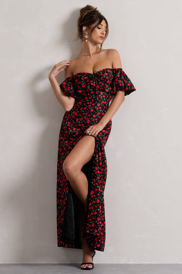 Lenna Black & Red Floral Bardot Buttoned Split Maxi Dress